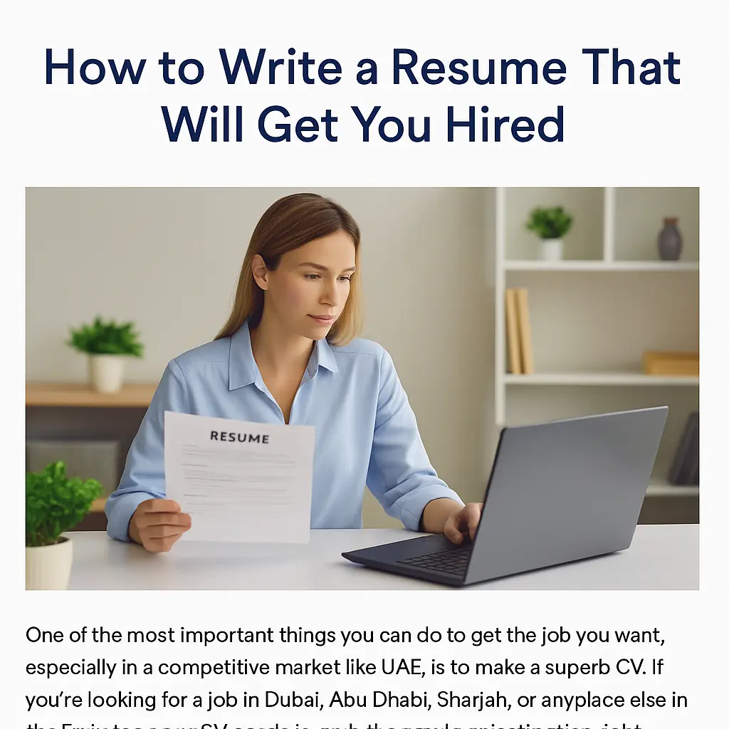 JobzzUAE Resume Preparation Banner – Helping You Craft a Winning CV in the UAE Job Market Woman reviewing resume in a clean workspace on JobzzUAE platform