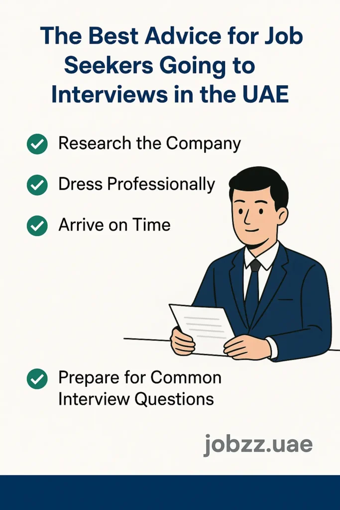 A professional infographic with tips for UAE job interviews featuring a man in a suit holding a paper. Tips include researching the company, dressing professionally, arriving on time, and preparing for common questions. The image includes the website name jobzz.uae.
